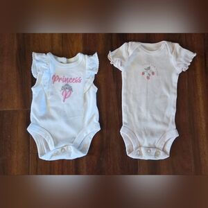 (2) Carter's & Amazon White Baby Girls One-Piece Bodysuits with Pink Accents
